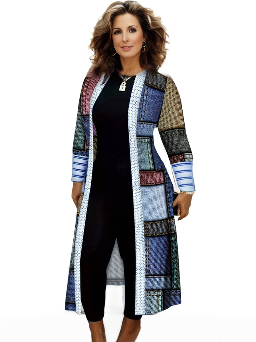Plus Size Colorblock Longline Coat, Women's Plus Slight Stretch Casual Trench Coat
