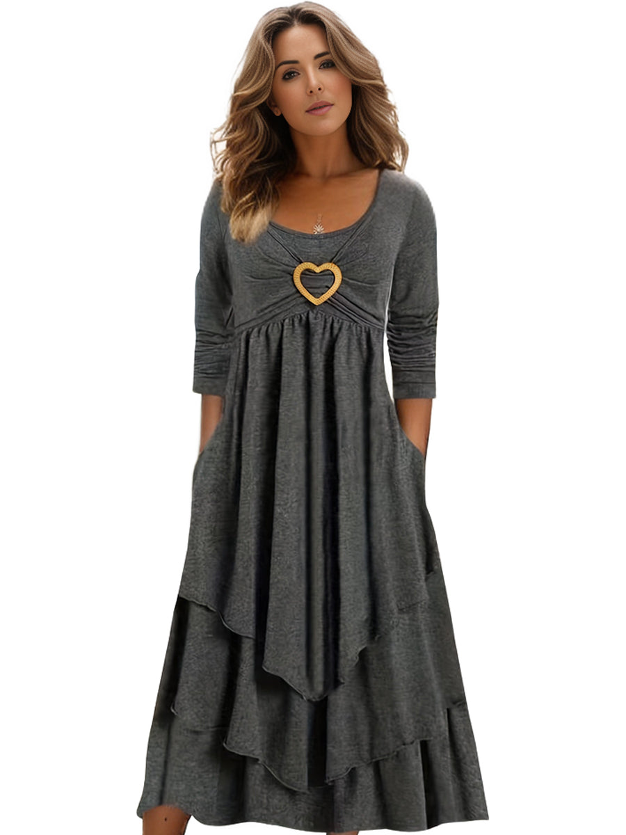 Plus Size Elegant Dress, Women's Plus Plain Long Sleeve Layered Heart Ring Decor Round Neck Maxi Dress