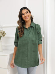 Large Size Loose Solid Color Button Long Sleeve Blouse