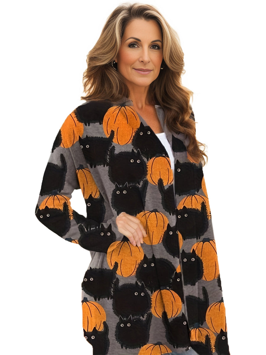 Plus Size Halloween Coat, Women's Pus Allover Cat & Pumpkin Print Long Sleeve Open Front Medium Stretch Cardigan Overcoat