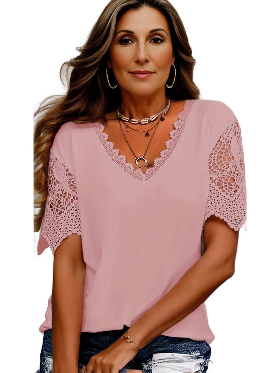 Plus Size Elegant T-shirt, Women's Plus Solid Contrast Lace Panel Short Sleeve V Neck T-shirt