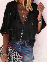 Shirt Collar Floral 3/4 Sleeve Blouse