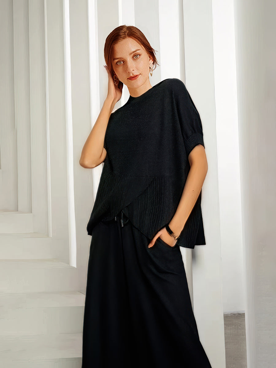 Solid Color Round Neck Loose Irregular Pleated Knitted Two Piece Set