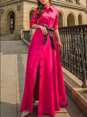 Fashion Solid Color Lapel-neck Floor Maxi Dress