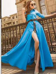 Fashion Solid Color Lapel-neck Floor Maxi Dress