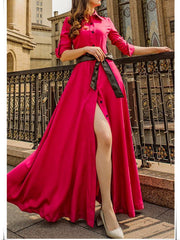 Fashion Solid Color Lapel-neck Floor Maxi Dress