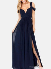 Solid Color Straps Split-side V-neck Maxi Dress