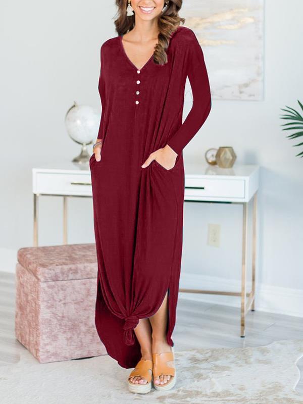 Fashion women solid button long sleeve maxi dresses