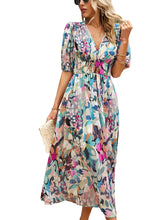 Temperament Print Waist V Neck Midi Dress