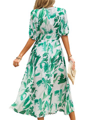 Temperament Print Waist V Neck Midi Dress