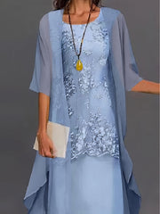 Lace Floral Embroidered Layered Patchwork Crew Neck Elegant Midi Dress