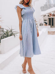 Fashion striped flounce sleeve maxi dresses