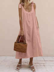 Shoulder Stripes Women Cotton Linen Casual Maxi Dresses