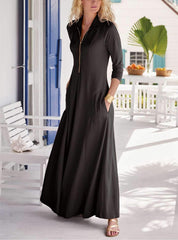 Fashion Sexy Pure Lapel Long sleeve Zipper Pocket Maxi Dresses