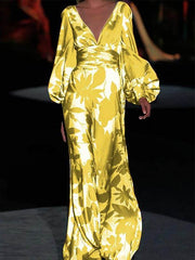 Fashionable printed v-neck lantern sleeve maxi dresses