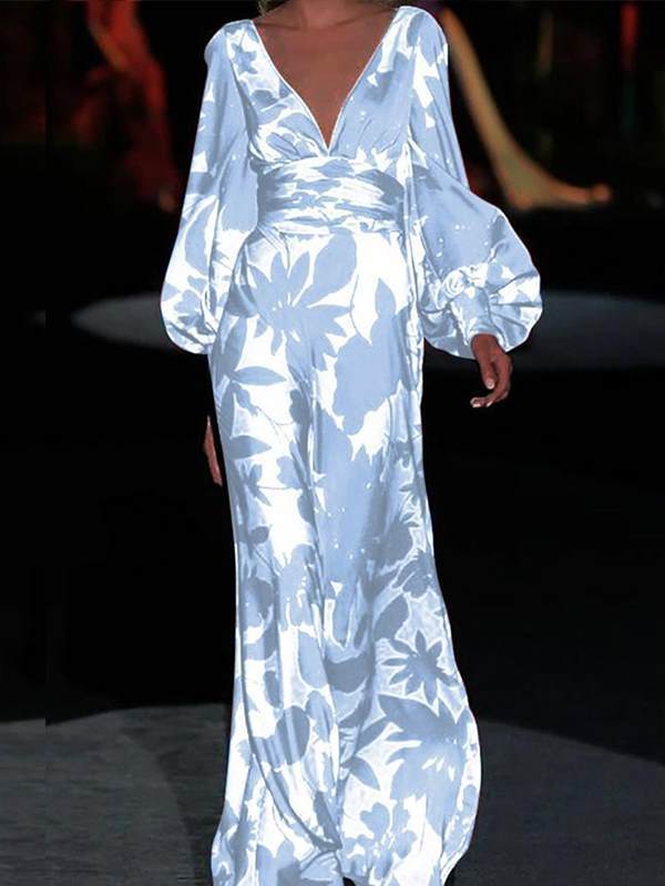 Fashionable printed v-neck lantern sleeve maxi dresses