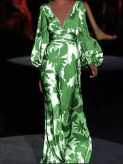 Fashionable printed v-neck lantern sleeve maxi dresses