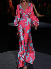 Fashionable printed v-neck lantern sleeve maxi dresses