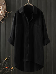 Solid Color Button Pocket Casual Collar Cotton Blouse