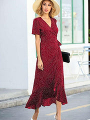 Fashion V neck Short sleeve Print Irregular Falbala Maxi Dresses