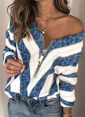 Fashion Stripe Zipper V neck Long sleeve Knit Sweaters