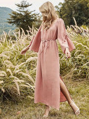 Split long skirt of tall waist pure color dress