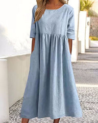 Beach Short Sleeve Scoop Neck Ruffle Swing Casual Boho Midi Dress with Pockets
