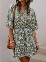 V-Neck Single-Breasted Button Printed Pattern Floral Mini Dress