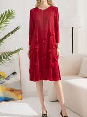 Pleated Solid Color V-Neck Nail Flower Loose Mid-length Midi Dress