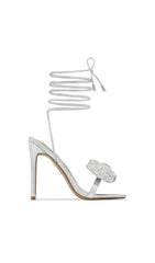 SILVER CROSS-LACE RHINESTONE BOW HEELS