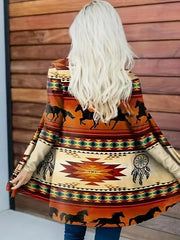 Plus Size Ethnic Style Overcoat, Women's Plus Aztec Print Long Sleeve Medium Stretch Cardigan