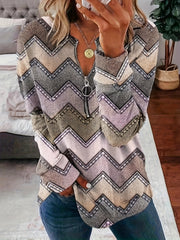 Plus Size Casual Sweatshirt, Women's Plus Geometric Print Long Sleeve Round Neck Half Zipper Slight Stretch Pullover Top