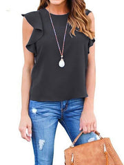Fashionable ruffled plain colour pullover chiffon T-shirts
