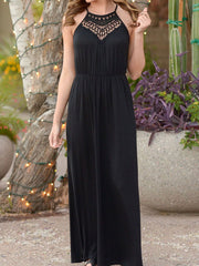 Spaghetti Strap Elastic Waist Hollow Out Maxi Dress