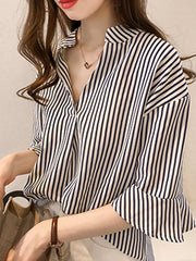 Spring Summer Cotton Women V-Neck Striped Bell Sleeve Half Sleeve Blouses