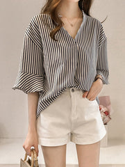 Spring Summer Cotton Women V-Neck Striped Bell Sleeve Half Sleeve Blouses