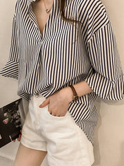 Spring Summer Cotton Women V-Neck Striped Bell Sleeve Half Sleeve Blouses