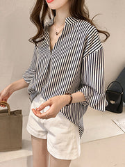 Spring Summer Cotton Women V-Neck Striped Bell Sleeve Half Sleeve Blouses
