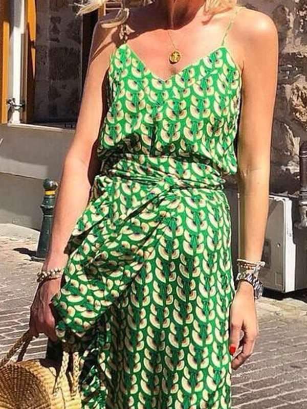 Fashion Women Green Chiffon Printed Strap Maxi Dress