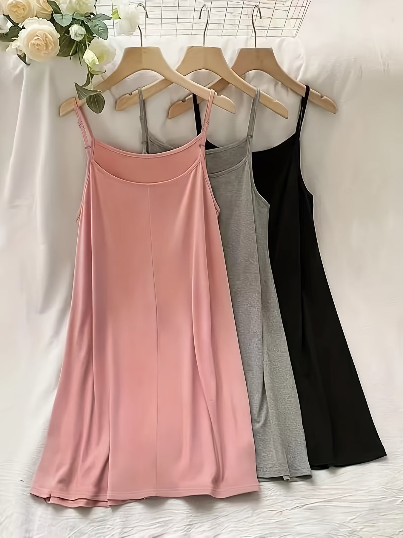 3 Pack Plus Size Basic Nightdress Set, Women's Plus Solid Plain Round Neck Cami Sleep Dress Three Piece Set