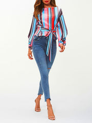 Fashion Round Neck Stripe Bow-Knot Long Sleeve T-Shirts