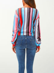 Fashion Round Neck Stripe Bow-Knot Long Sleeve T-Shirts