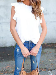 Fashionable ruffled plain colour pullover chiffon T-shirts
