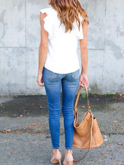 Fashionable ruffled plain colour pullover chiffon T-shirts