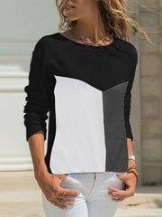 Spring Three Color Mosaic Casual Round Collar Long Sleeve T-shirt