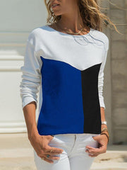 Spring Three Color Mosaic Casual Round Collar Long Sleeve T-shirt
