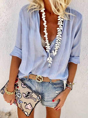 Sexy Women V-neck Button Long Sleeves Blouse