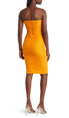 STRAPLESS CORSET MIDI DRESS IN ORANGE