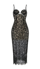 SLEEVELESS LACE MIDI DRESS IN BLACK