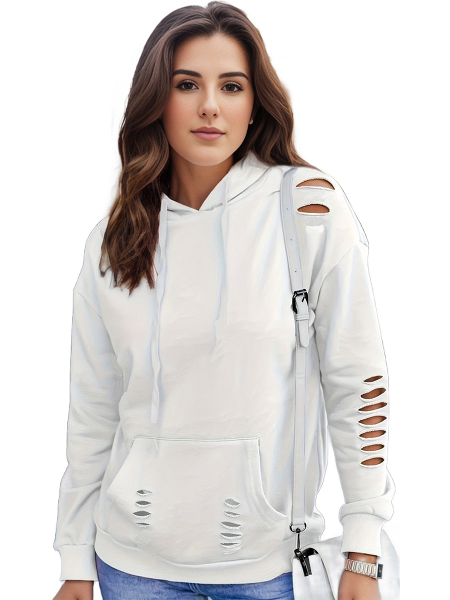 Plus Size Casual Sweatshirt, Women's Plus Solid Cut Out Long Sleeve Slight Stretch Drawstring Hoodie With Pocket